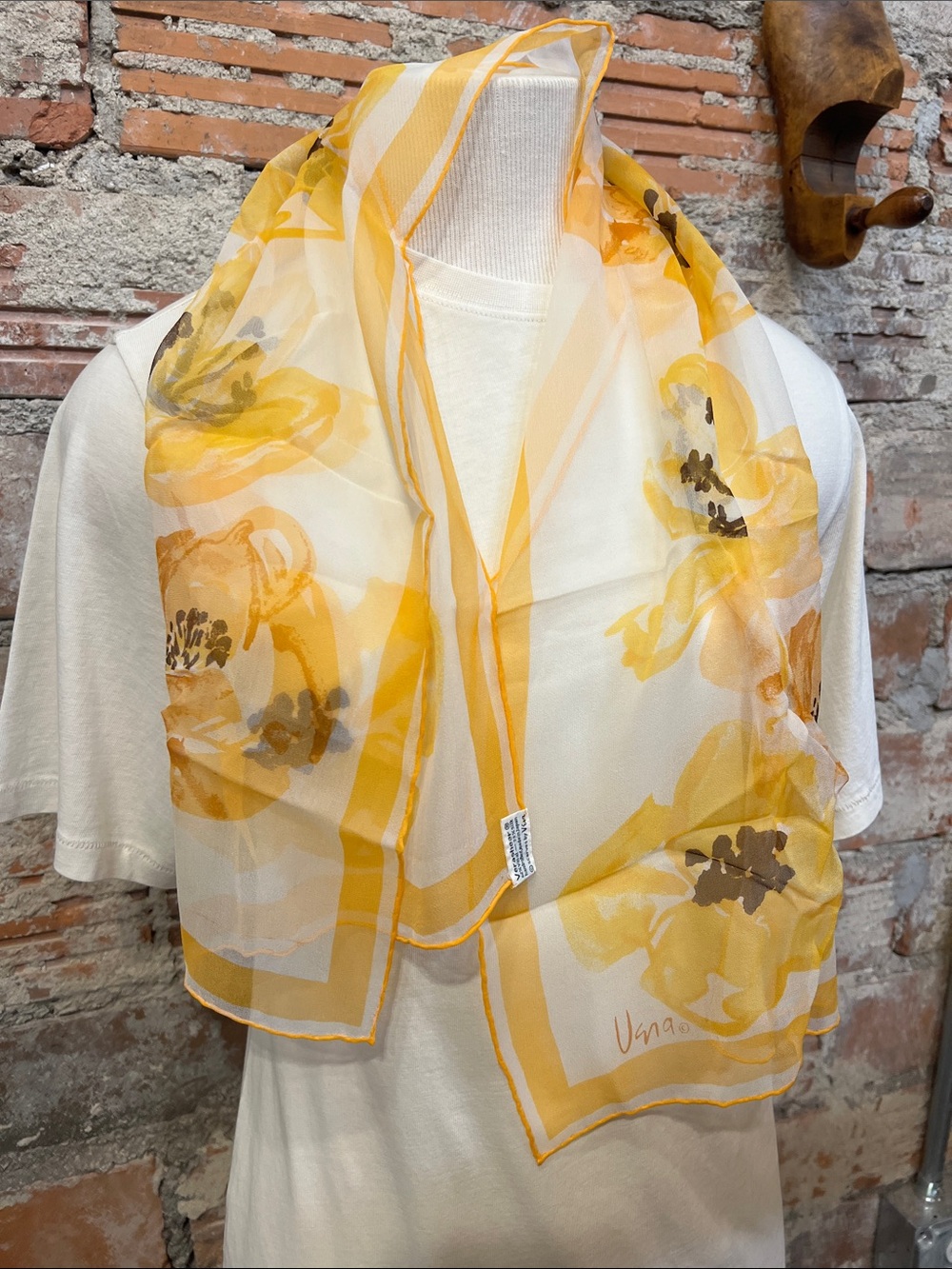 Vintage Vera Neumann Yellows, apricots & touch of brown Sheer scarf 42” x 13”